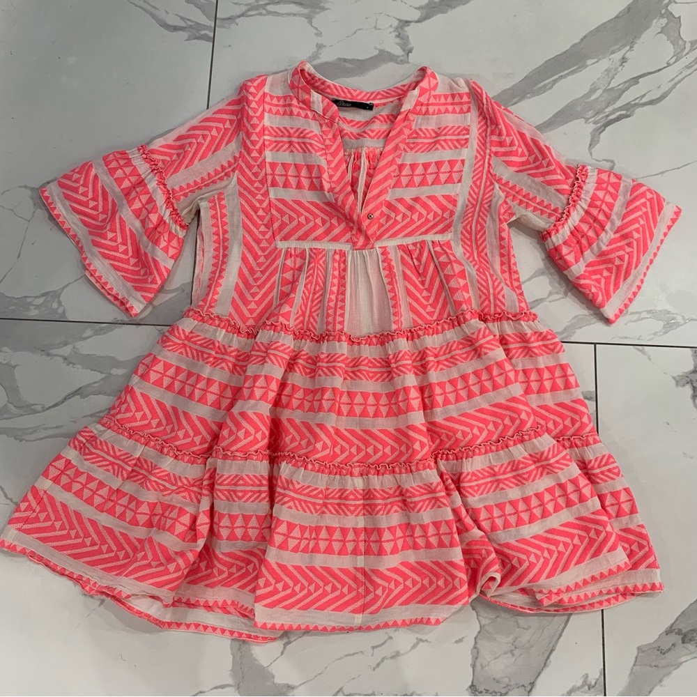 Devotion Ella Dress Sz Small Neon Pink Mini Boho Geometric Cotton Bell Tiered